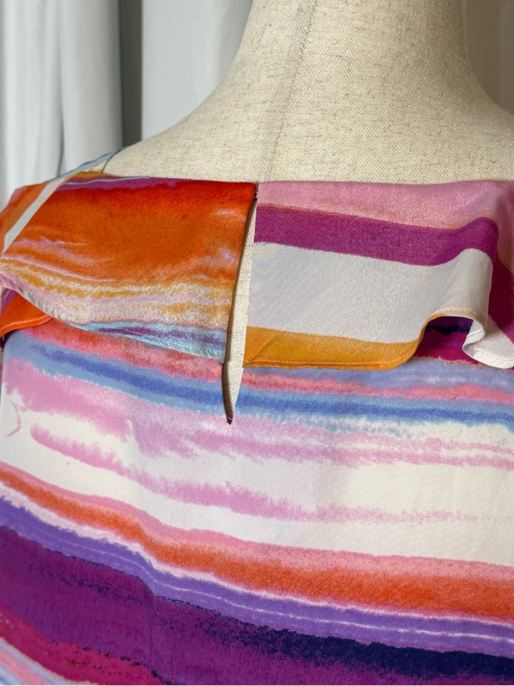 Amanda U Watercolor Ruffle Dress Bright Stripe Shift Medium - Picture 11 of 12